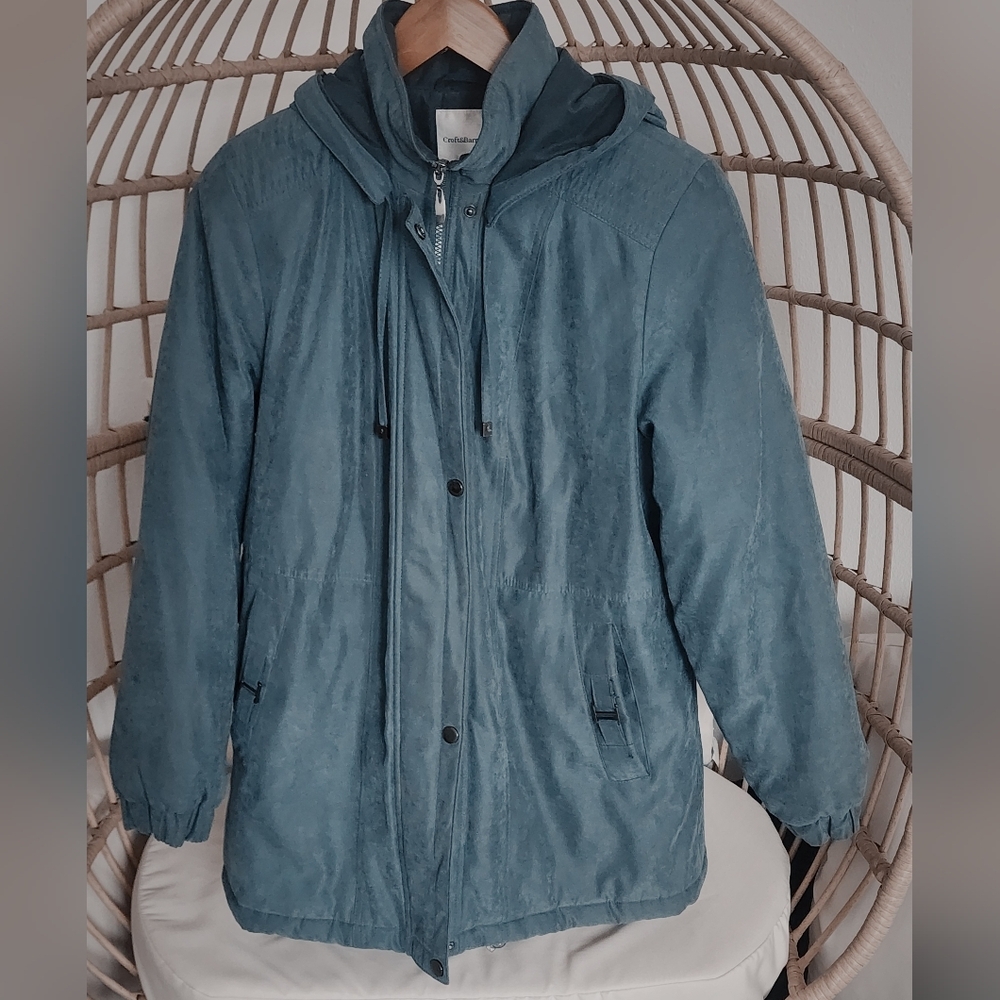 Croft & Borrow Womens Teal Winter  Coat Hood Zip/ Snap Close Lined Pockets Sz M